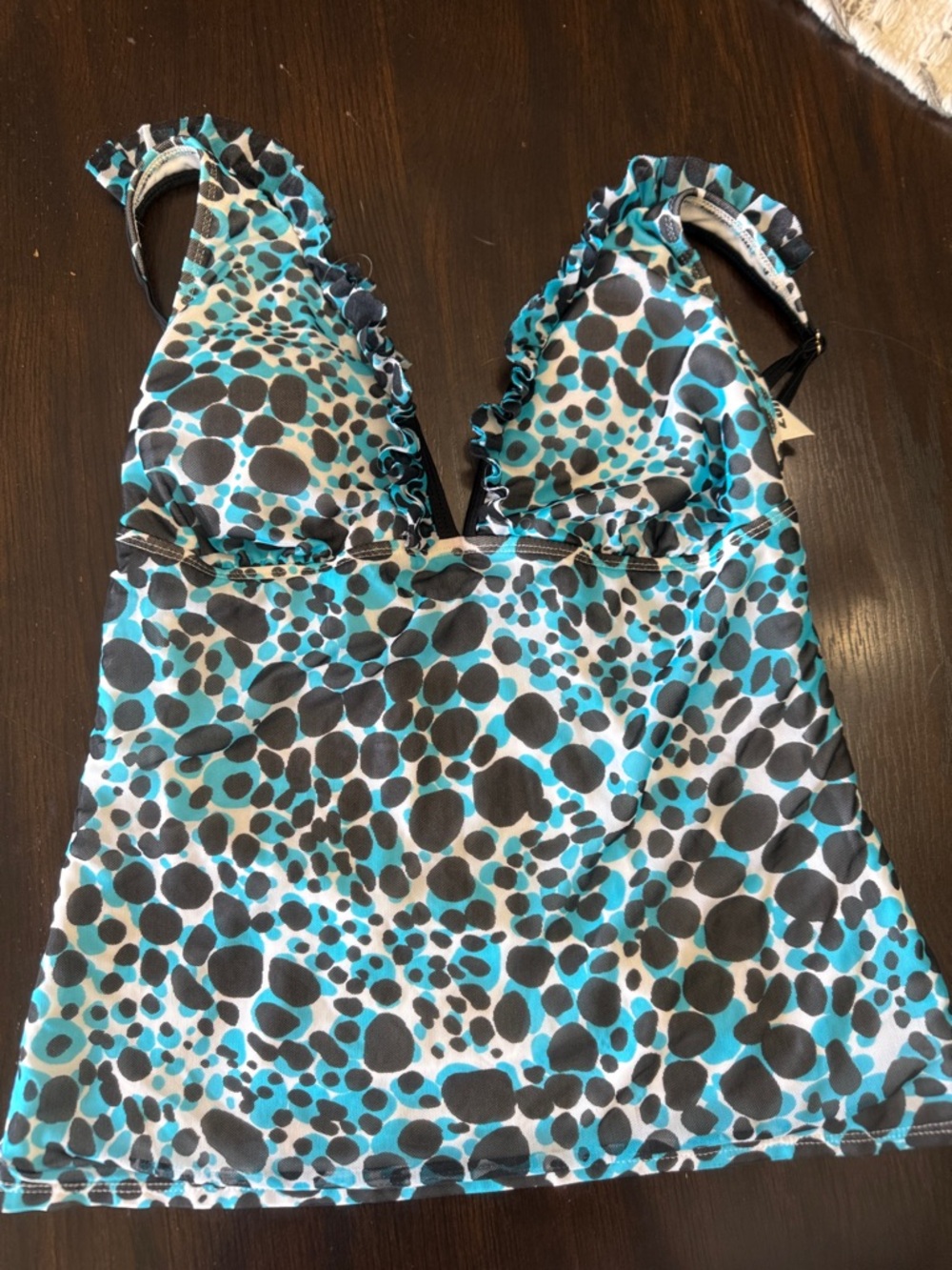 Women’s Tankini Swim Top in Teal and Black Dot Print